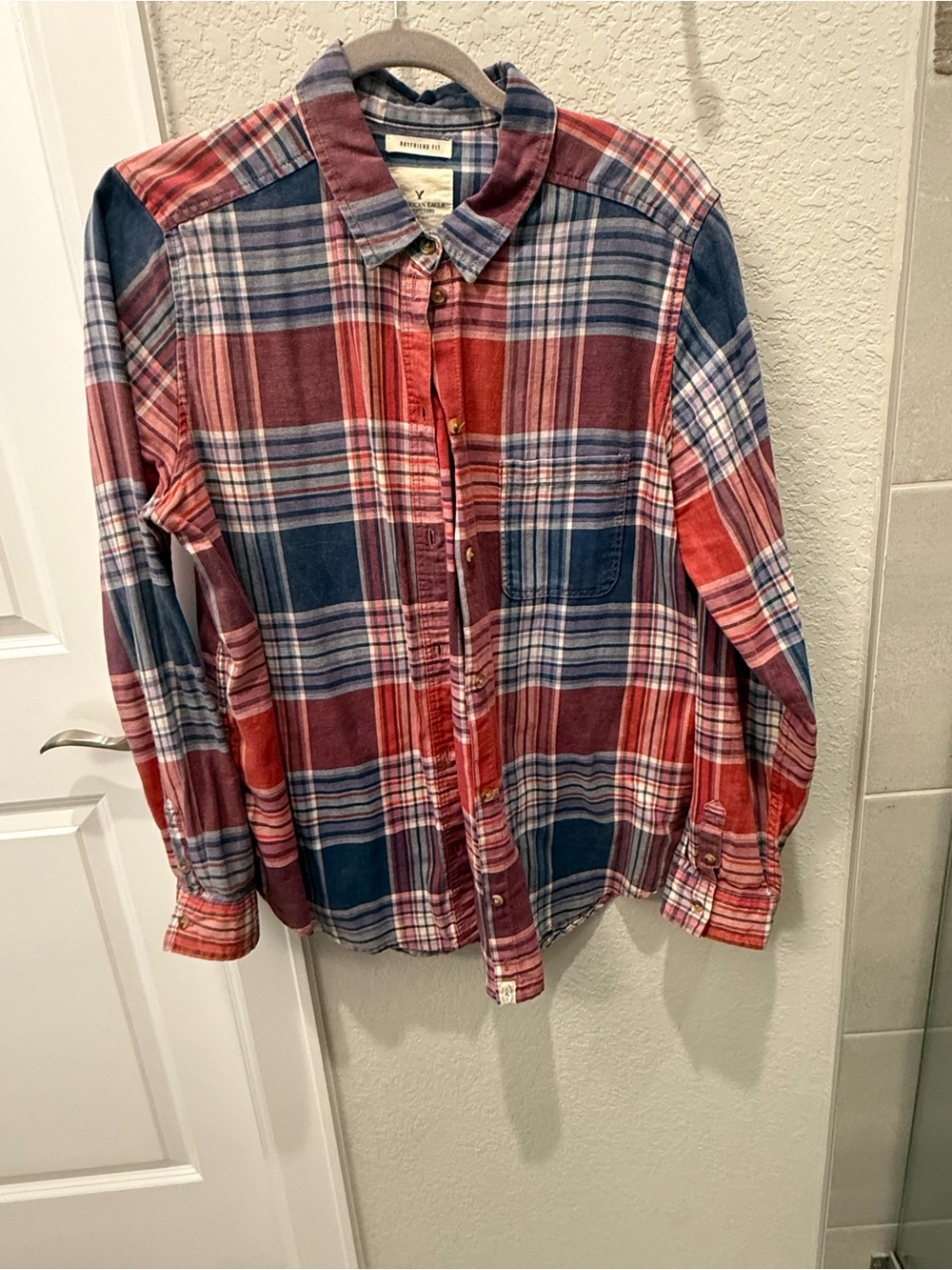 American Eagle Outfitters Red and Blue Plaid flannel Button-Down Shirt